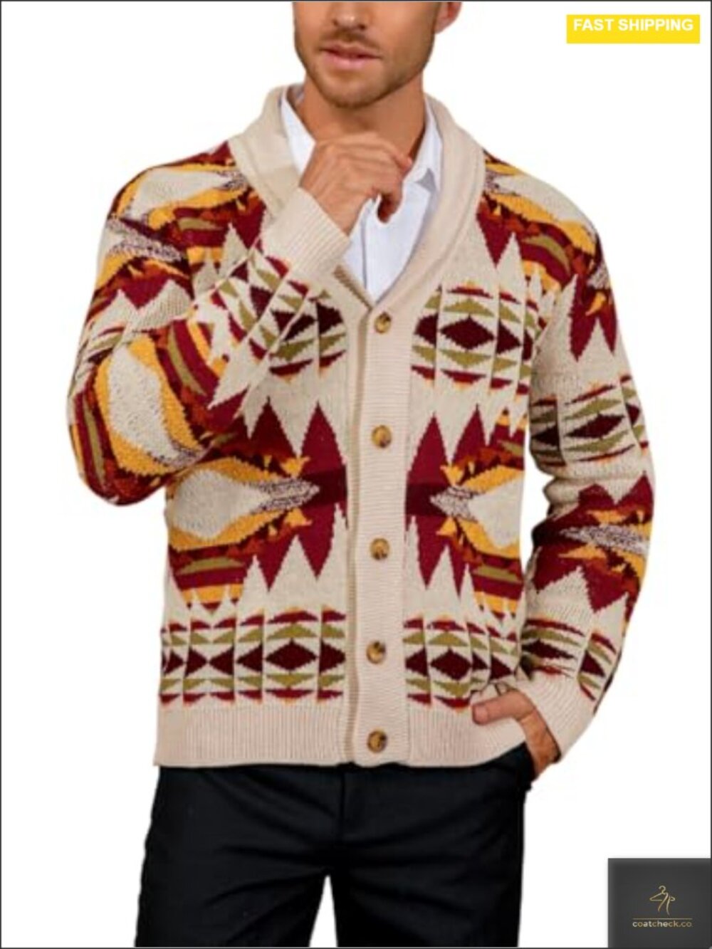 Men's Aztec Cardigan Shawl Collar Button Down Crochet Sweater with Pockets